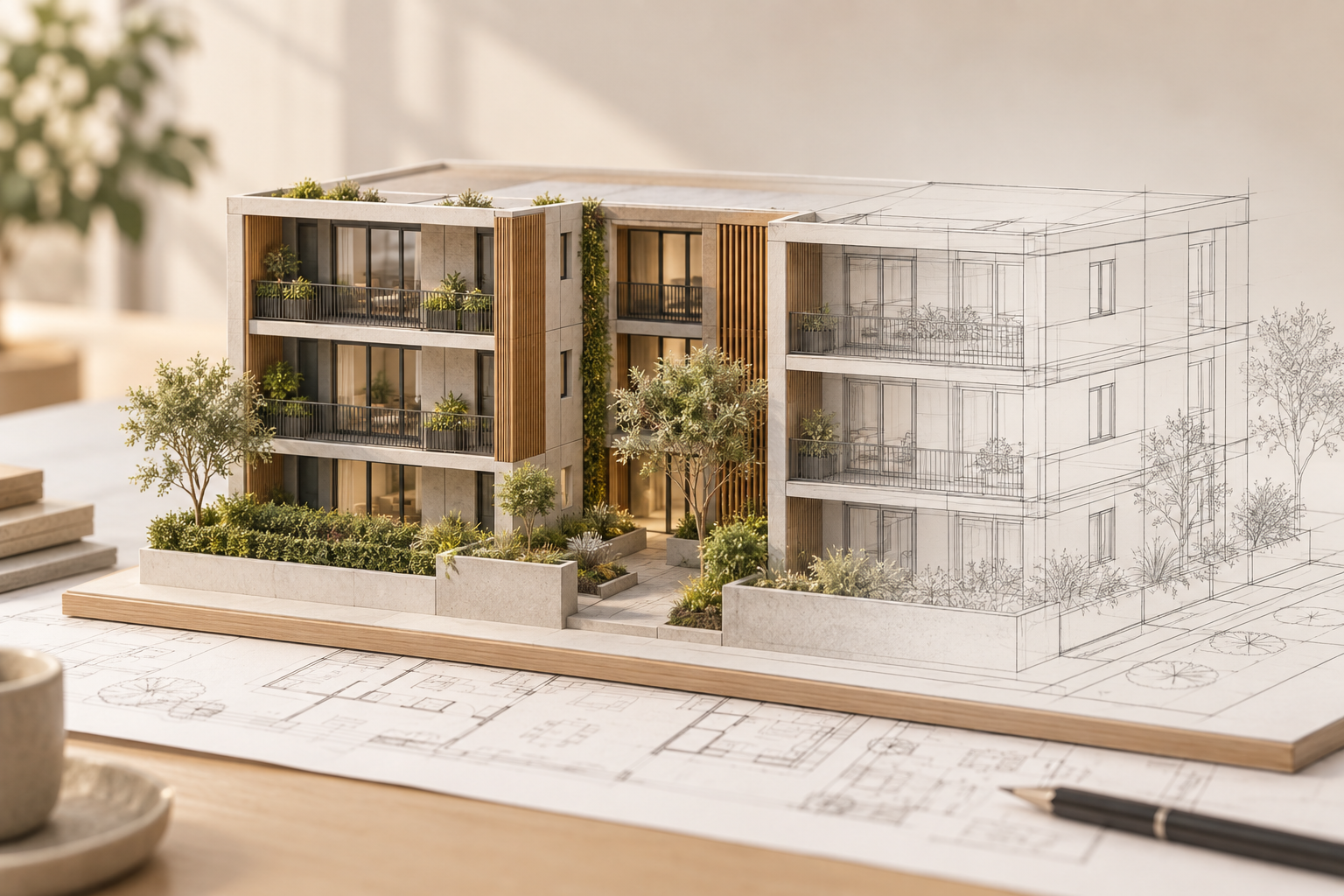 Illustration of an apartment model with a shared courtyard transitioning into architectural linework