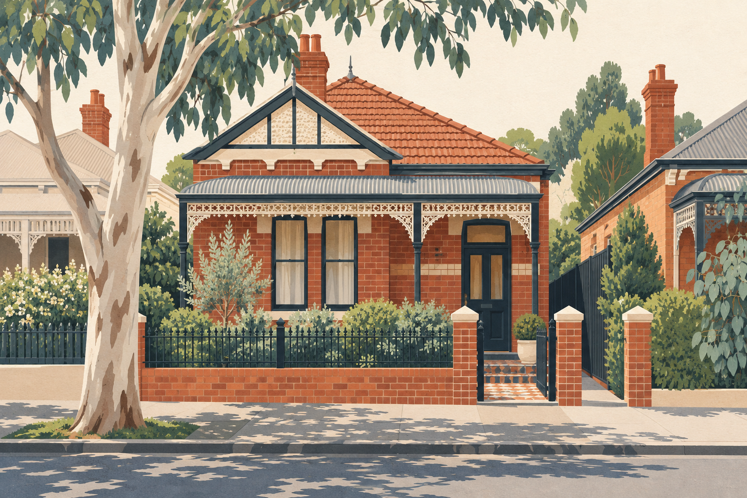 Editorial illustration of a fictional Melbourne brick home on a leafy residential street