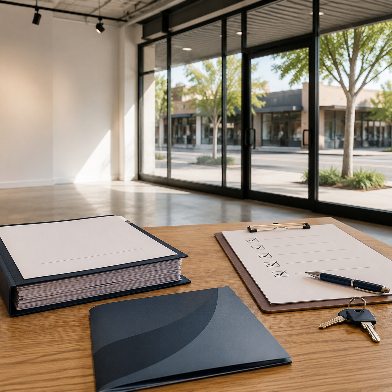 Retail lease documents, a checklist and keys in an empty shop