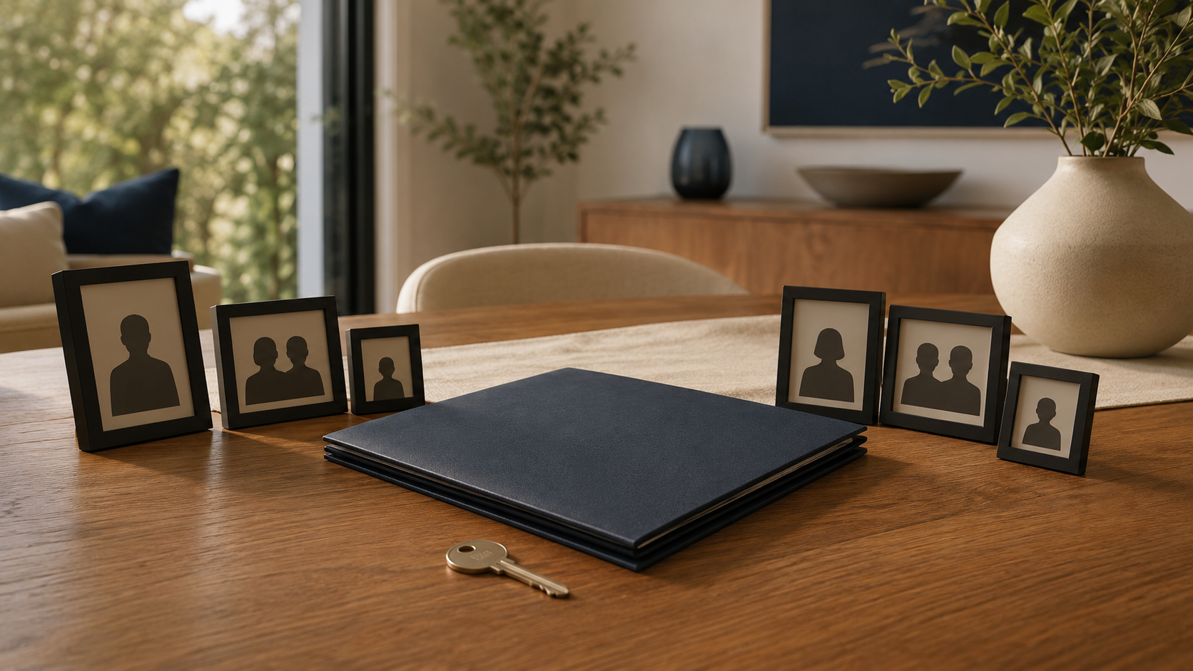 Estate folder, house key and two family groups representing intestacy in a blended family